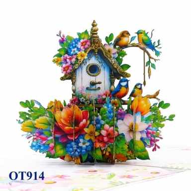 Green Birds Nest Flowers Pop Up Card