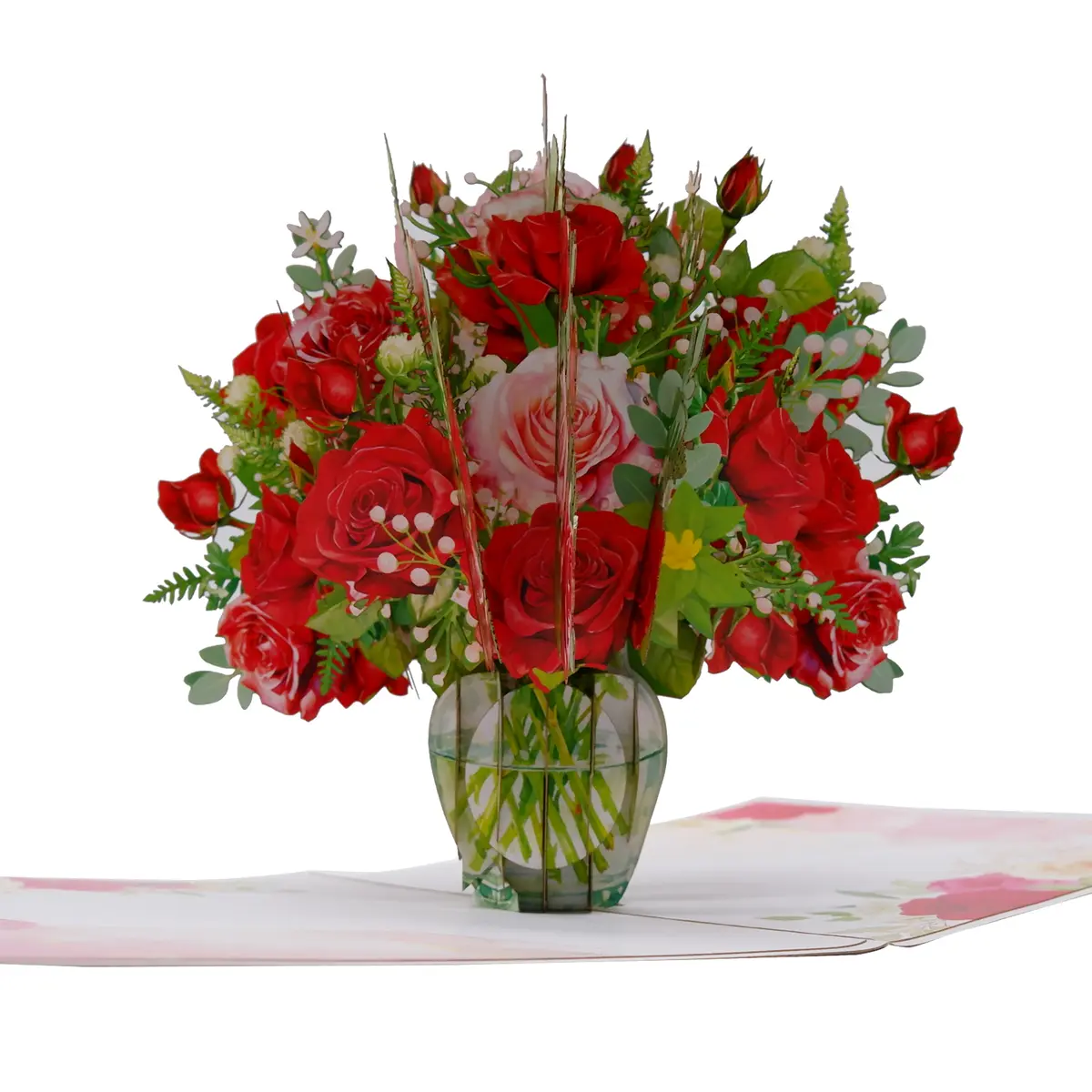 Detailed red and pink flower bouquet rising from an open 3D pop-up card